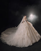 Regal High-Neck Crystal Ball Gown Wedding Dress with Cathedral Train & Cascading Beads