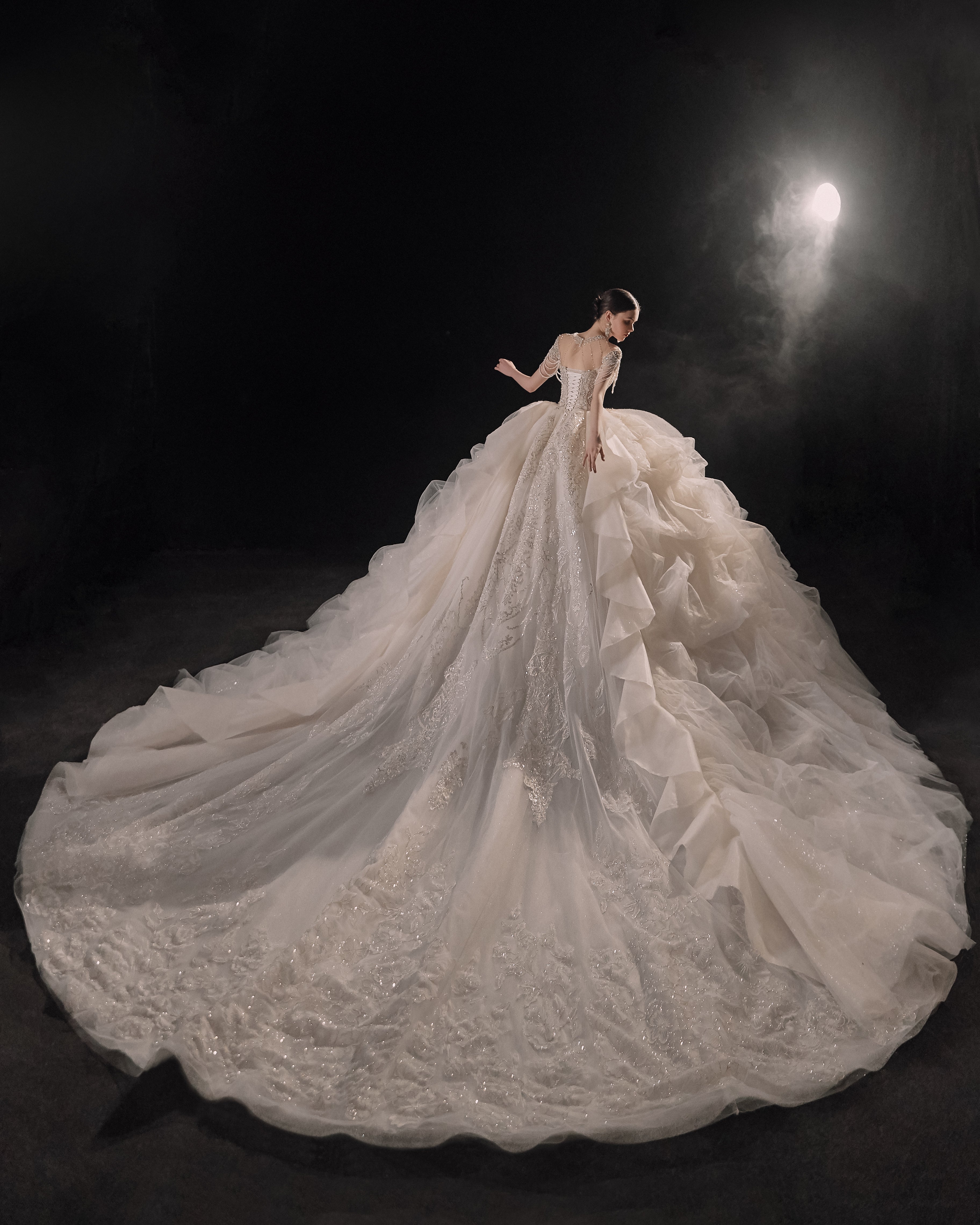 Regal High-Neck Crystal Ball Gown Wedding Dress with Cathedral Train & Cascading Beads