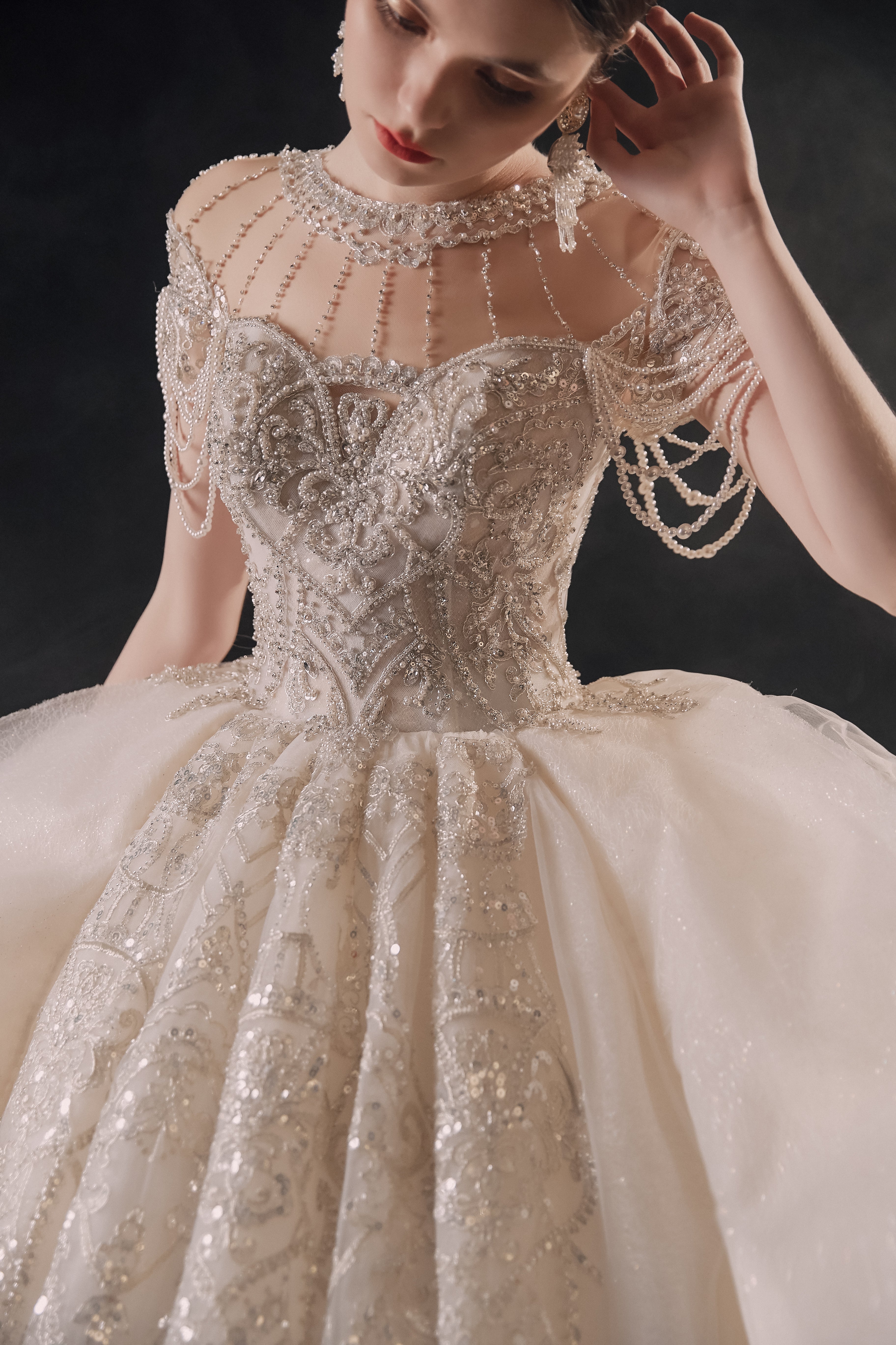 Regal High-Neck Crystal Ball Gown Wedding Dress with Cathedral Train & Cascading Beads