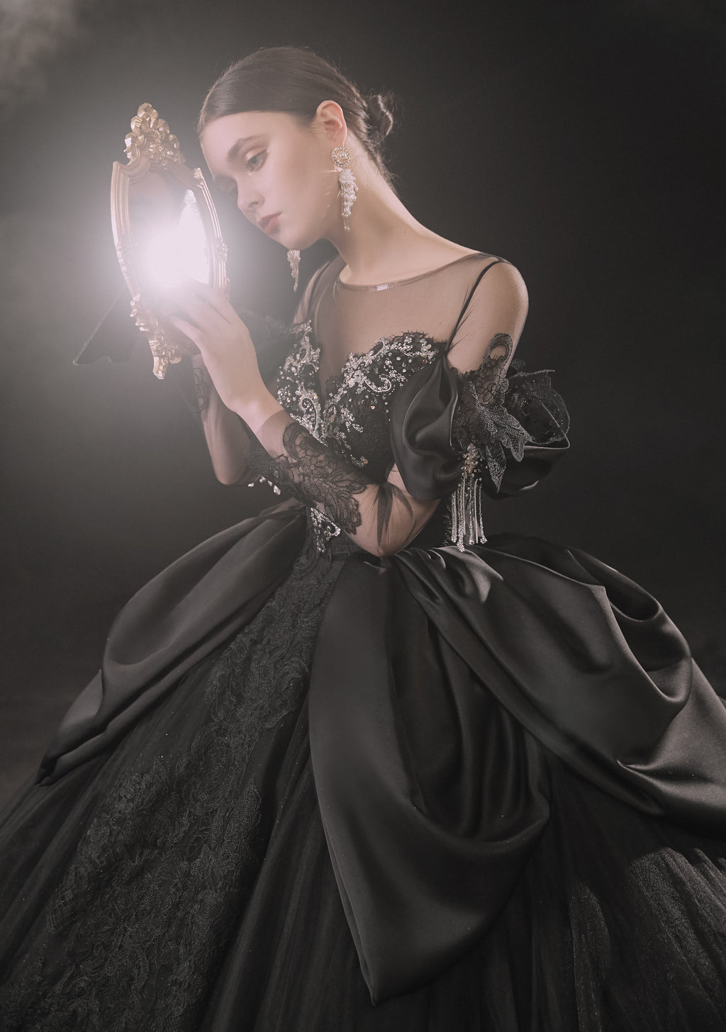 Gothic Off-Shoulder Black Ball Gown with Crystal Detailing & Cathedral Train