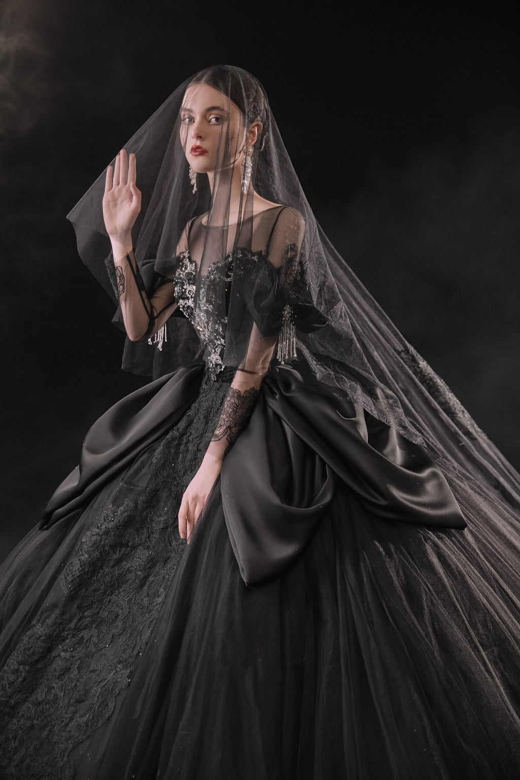 Gothic Off-Shoulder Black Ball Gown with Crystal Detailing & Cathedral Train