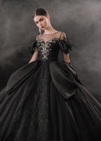 Gothic Off-Shoulder Black Ball Gown with Crystal Detailing & Cathedral Train