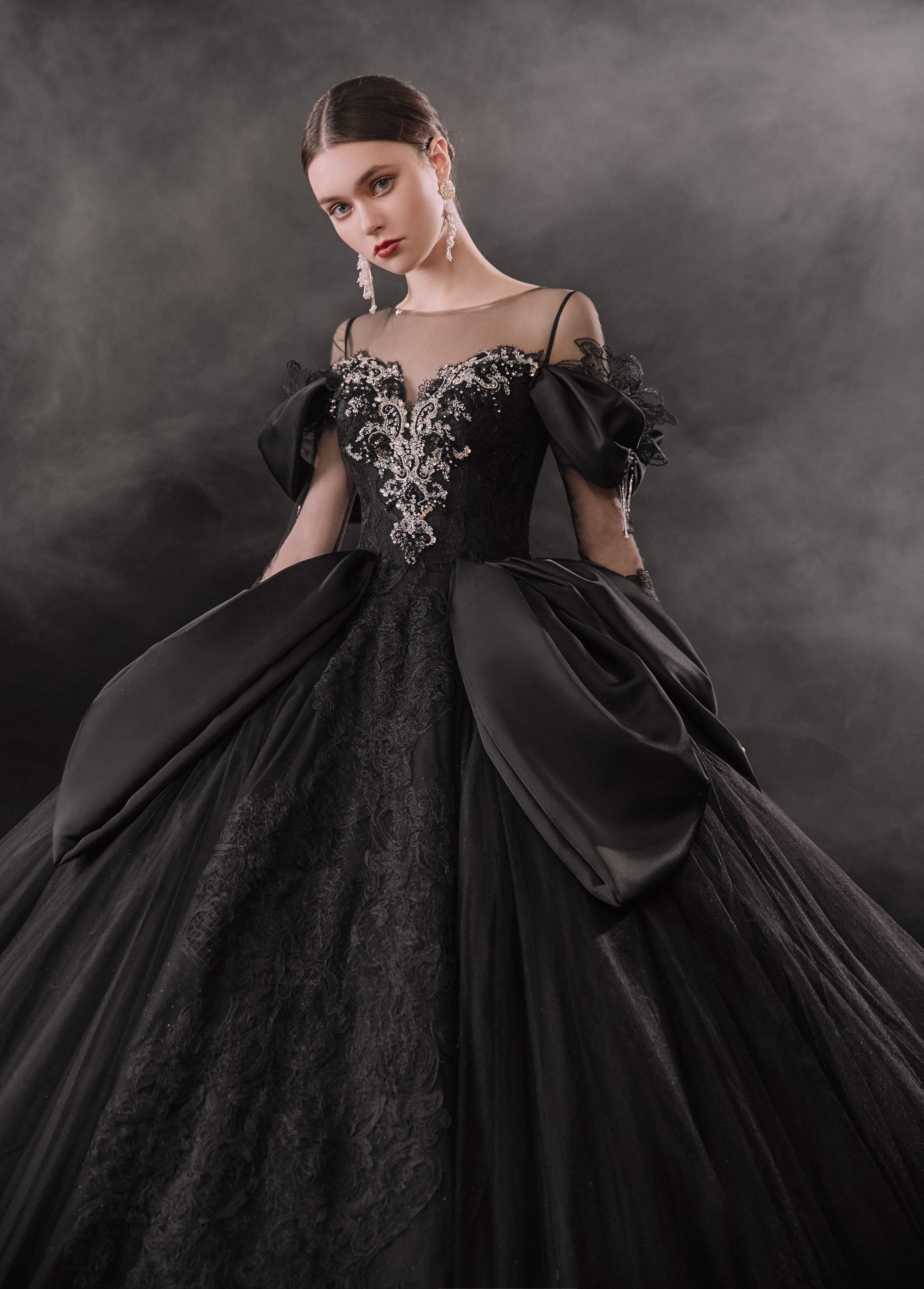 Gothic Off-Shoulder Black Ball Gown with Crystal Detailing & Cathedral Train
