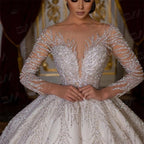 Beaded Sexy Bride Dresses Vestidos De Novia Luxury Hand Beaded Long Sleeve Wedding Dress Ball Gown Long Chapel Train