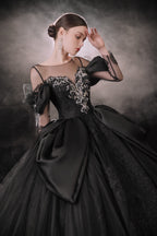 Gothic Off-Shoulder Black Ball Gown with Crystal Detailing & Cathedral Train