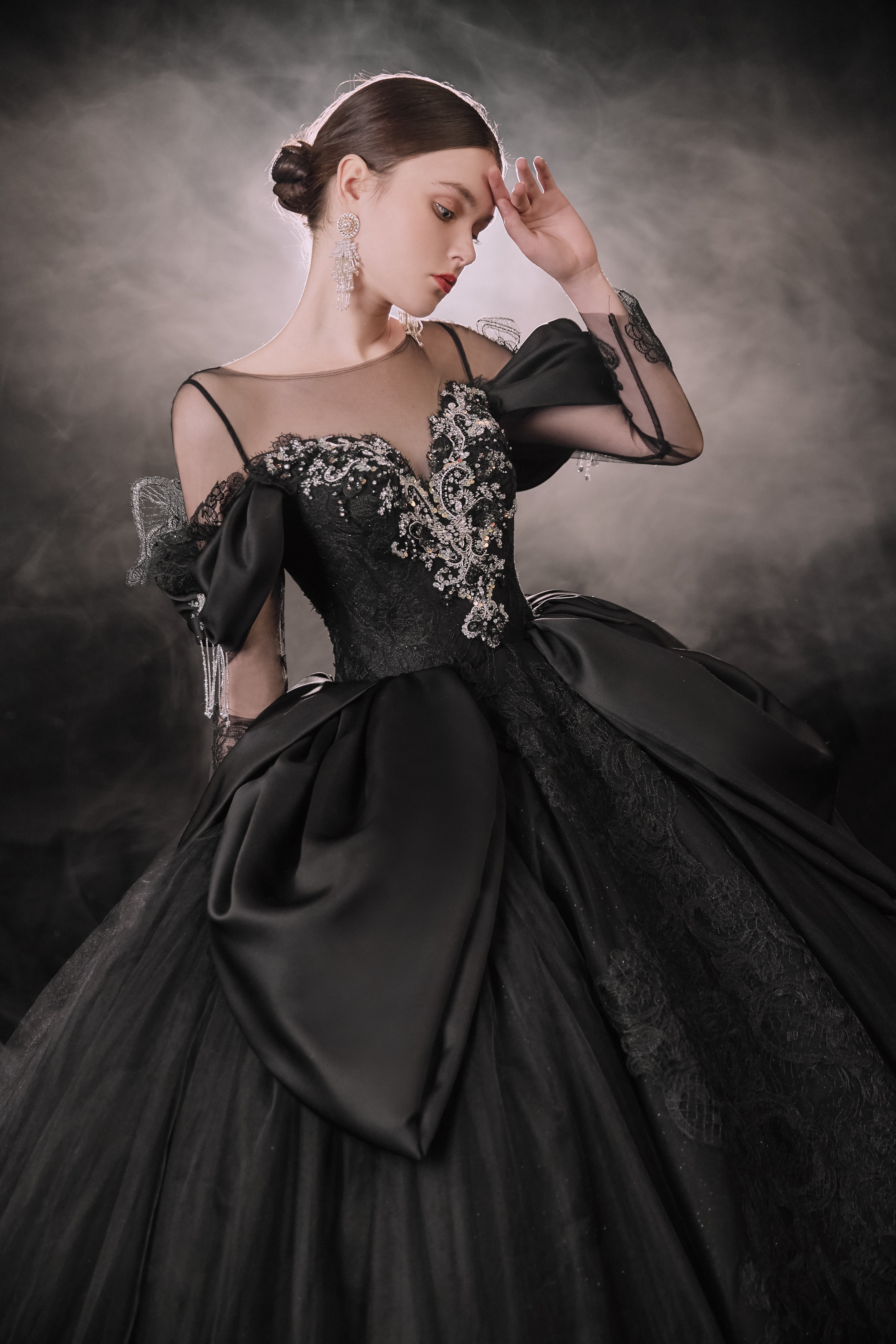 Gothic Off-Shoulder Black Ball Gown with Crystal Detailing & Cathedral Train