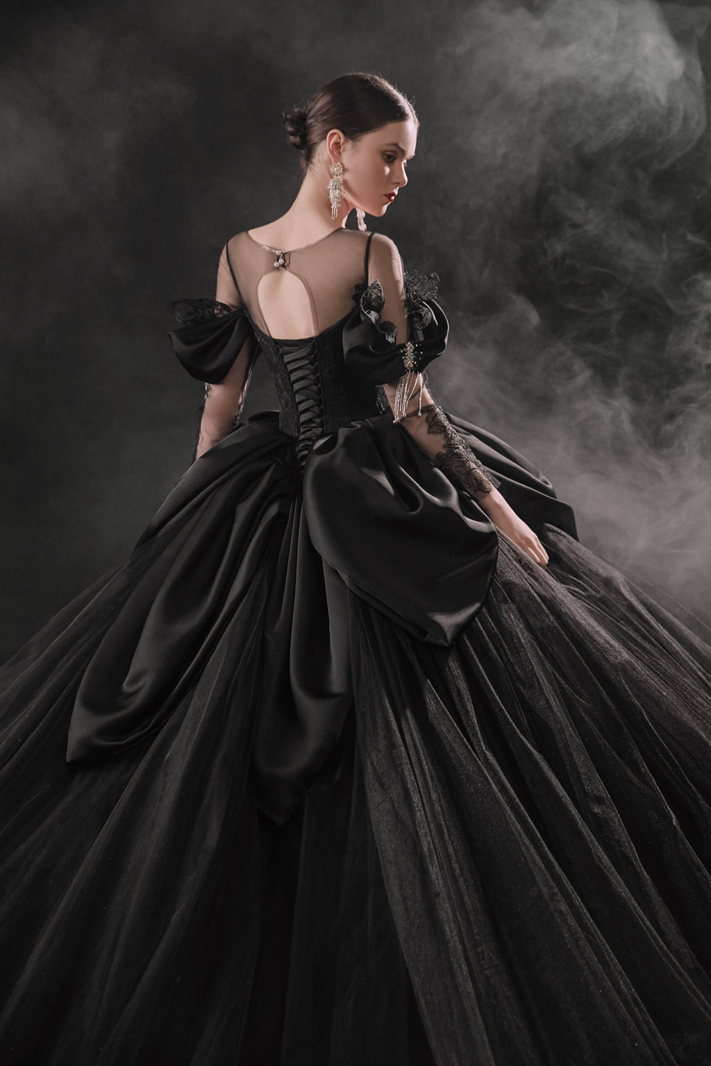 Gothic Off-Shoulder Black Ball Gown with Crystal Detailing & Cathedral Train