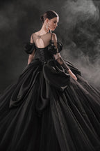 Gothic Off-Shoulder Black Ball Gown with Crystal Detailing & Cathedral Train