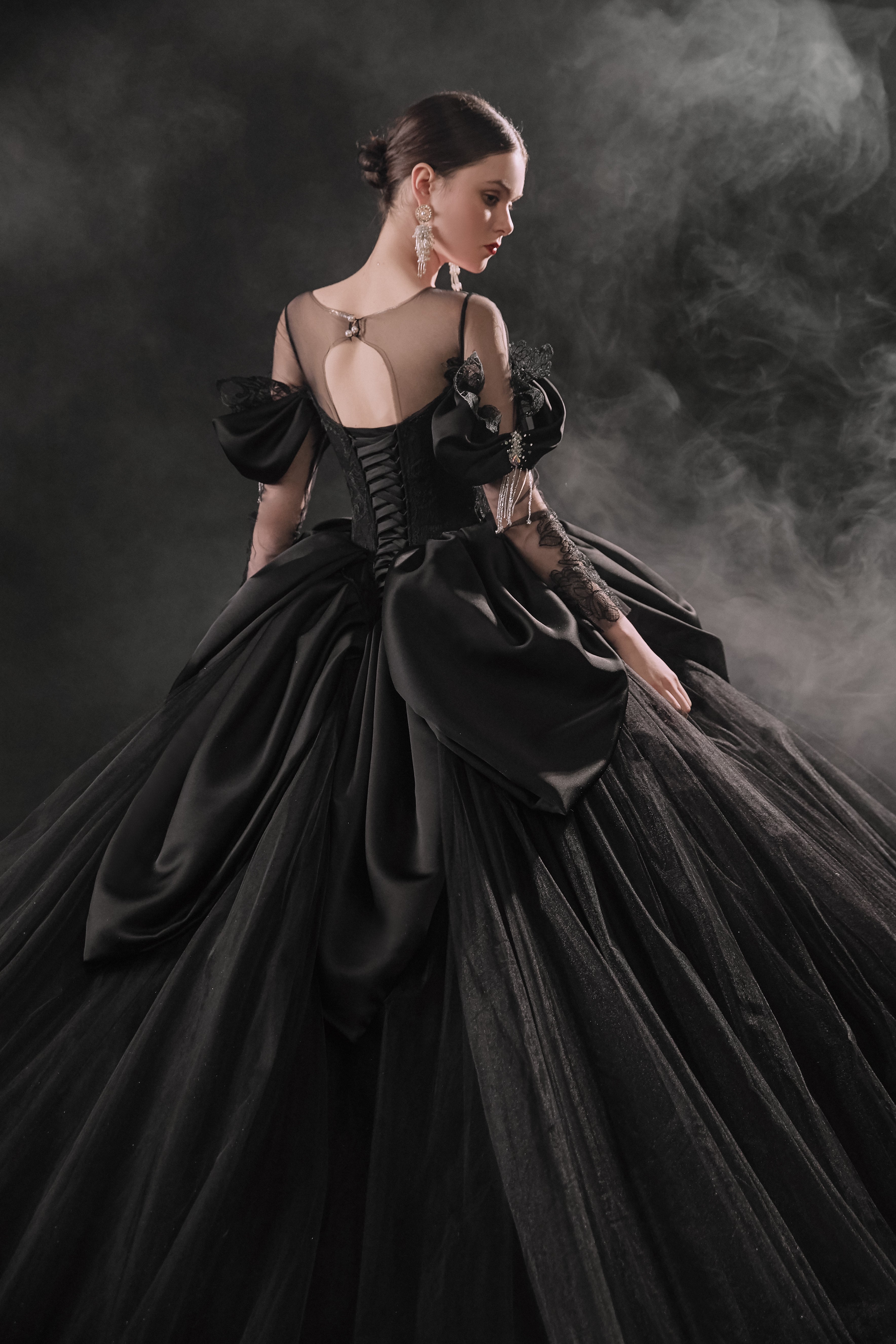Gothic Off-Shoulder Black Ball Gown with Crystal Detailing & Cathedral Train