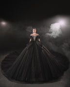 Gothic Off-Shoulder Black Ball Gown with Crystal Detailing & Cathedral Train