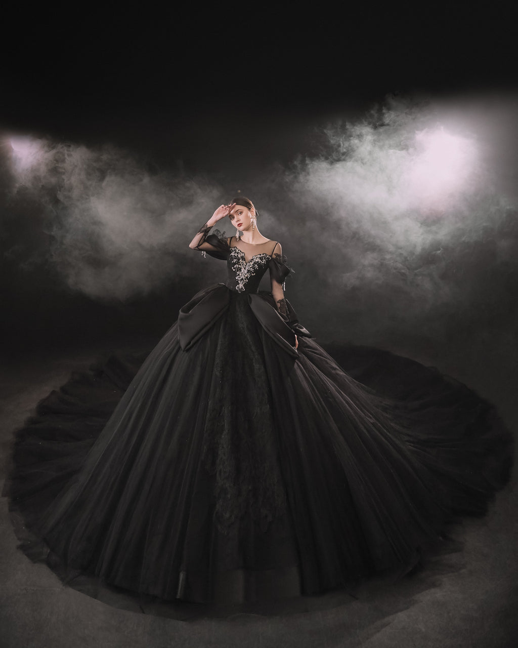 Gothic Off-Shoulder Black Ball Gown with Crystal Detailing & Cathedral Train