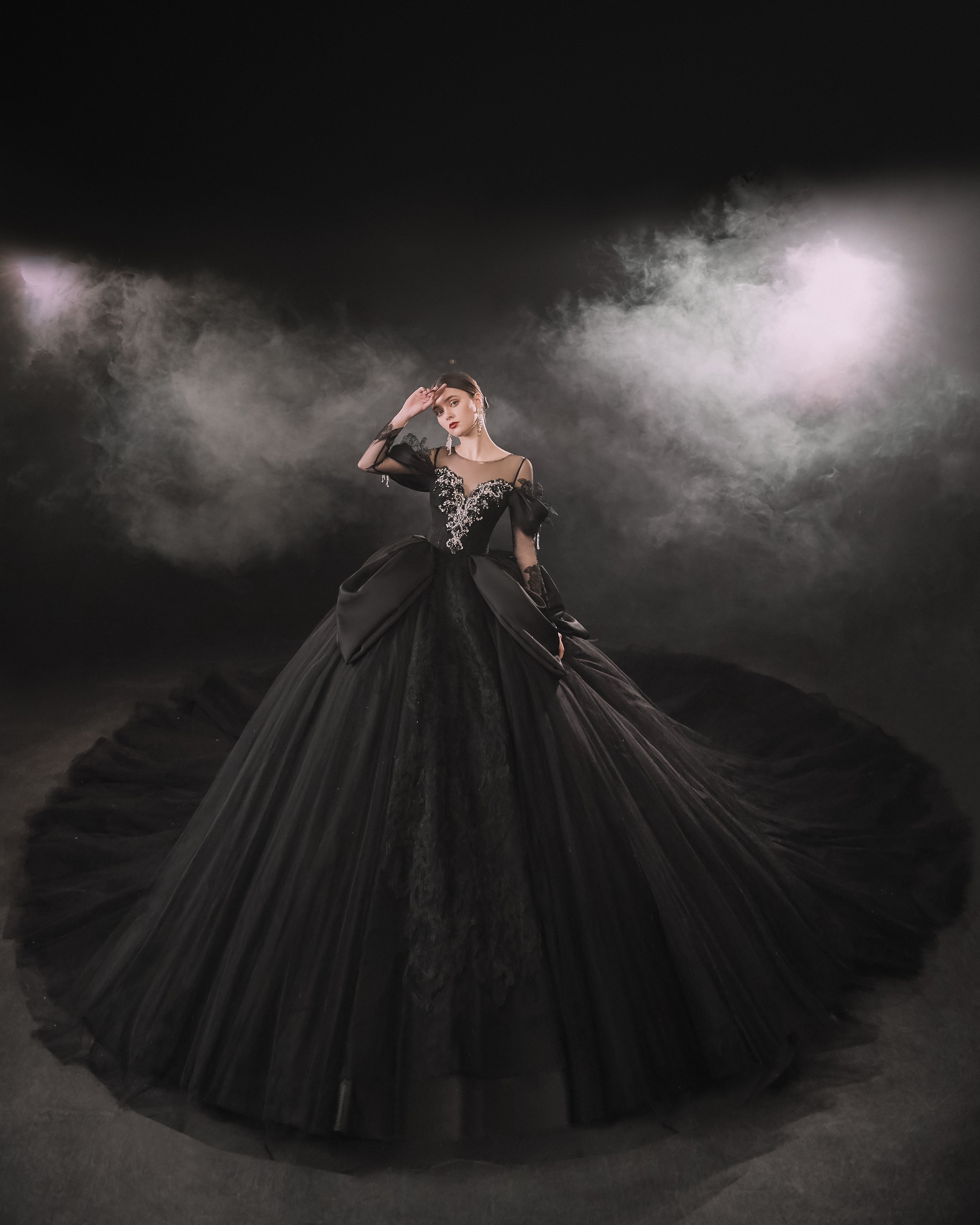 Gothic Off-Shoulder Black Ball Gown with Crystal Detailing & Cathedral Train