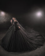 Gothic Off-Shoulder Black Ball Gown with Crystal Detailing & Cathedral Train