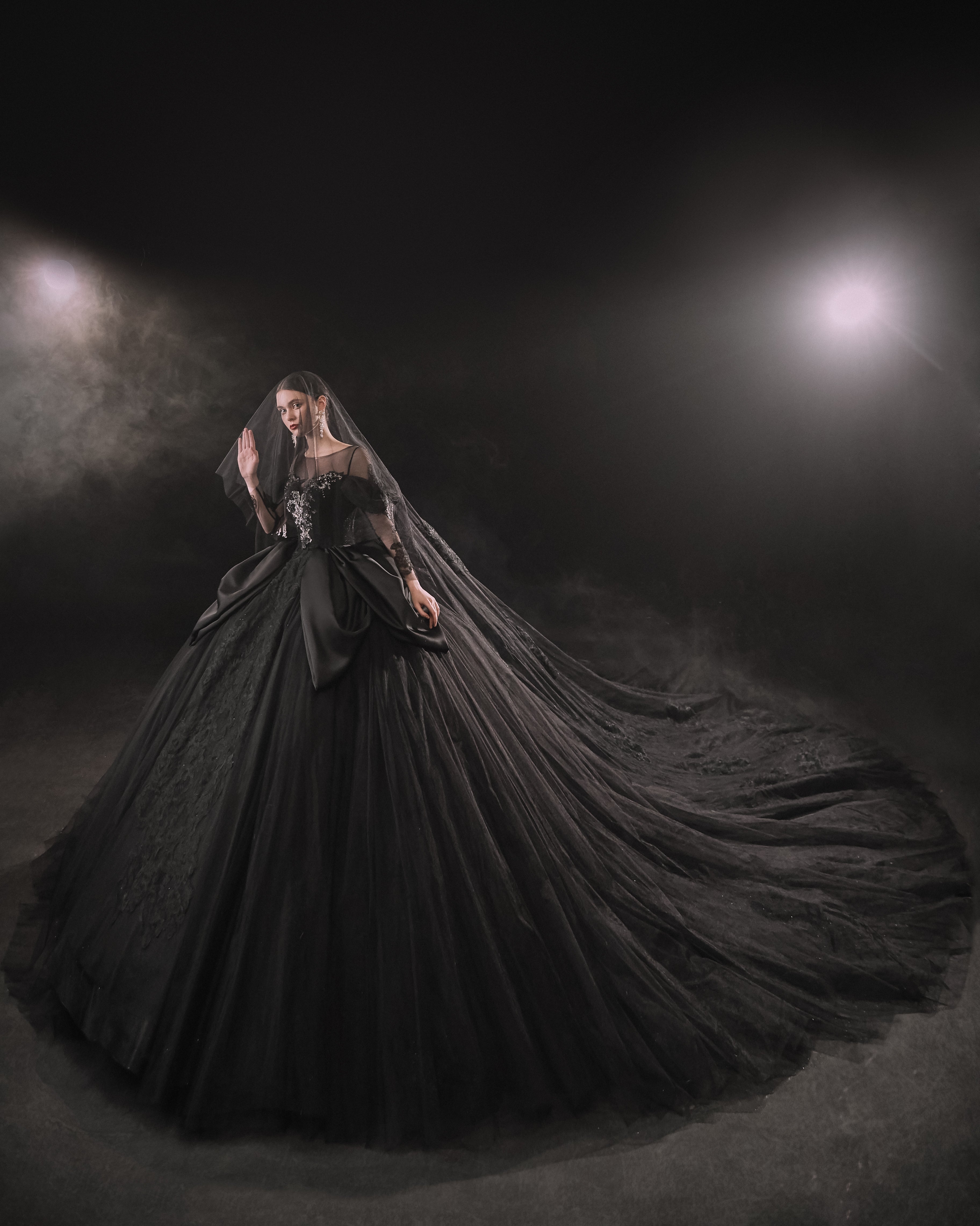 Gothic Off-Shoulder Black Ball Gown with Crystal Detailing & Cathedral Train