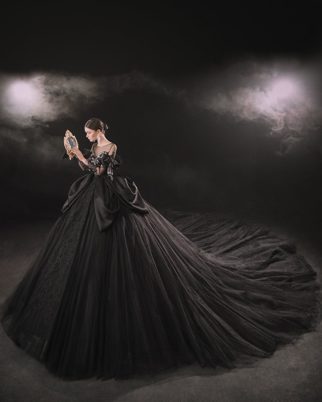 Gothic Off-Shoulder Black Ball Gown with Crystal Detailing & Cathedral Train