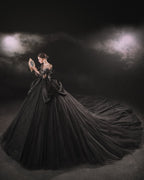 Gothic Off-Shoulder Black Ball Gown with Crystal Detailing & Cathedral Train
