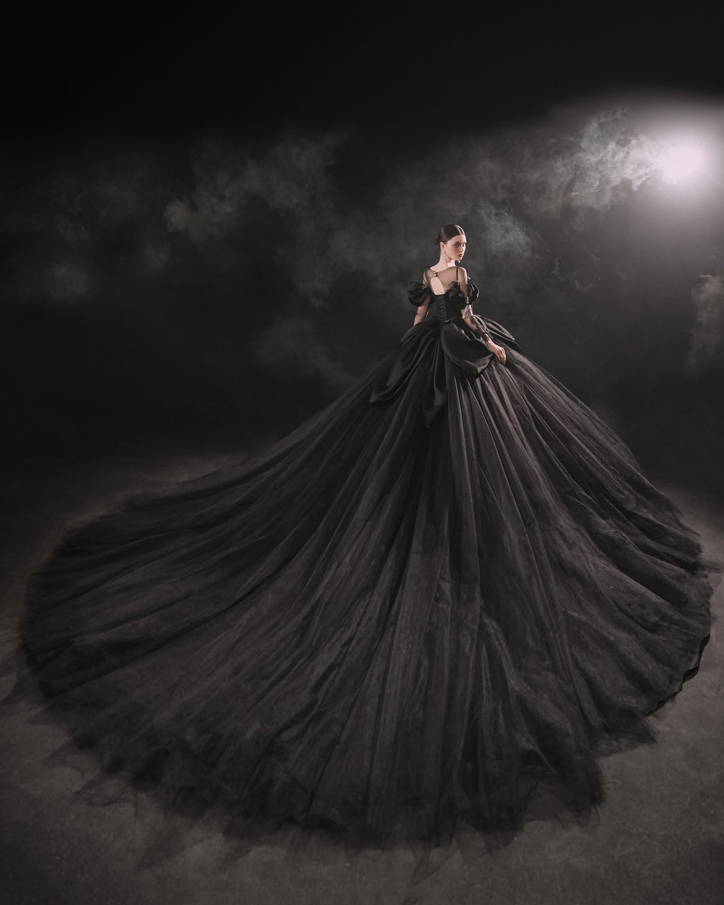 Gothic Off-Shoulder Black Ball Gown with Crystal Detailing & Cathedral Train