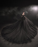 Gothic Off-Shoulder Black Ball Gown with Crystal Detailing & Cathedral Train
