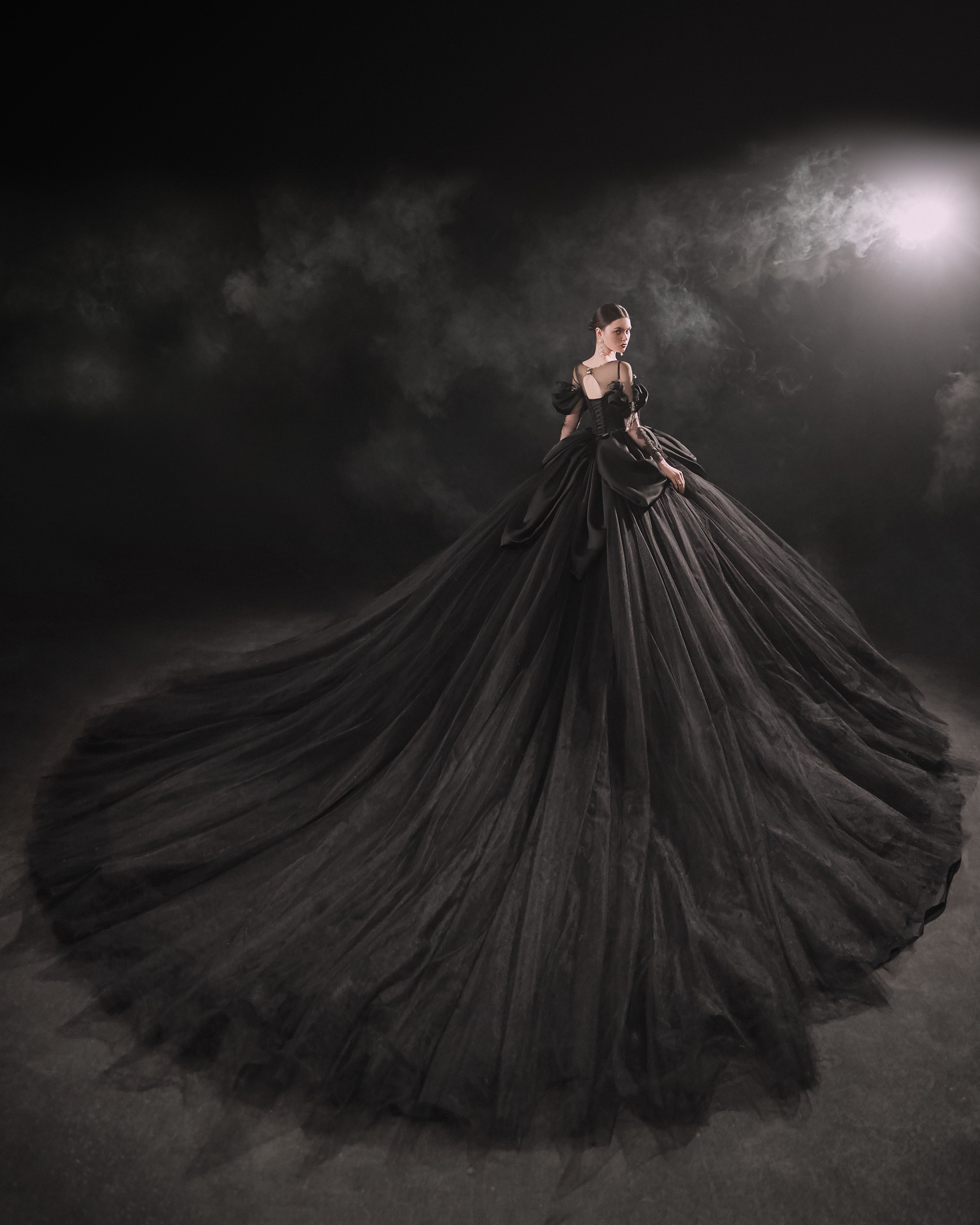 Gothic Off-Shoulder Black Ball Gown with Crystal Detailing & Cathedral Train