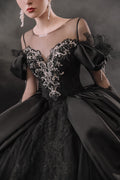 Gothic Off-Shoulder Black Ball Gown with Crystal Detailing & Cathedral Train