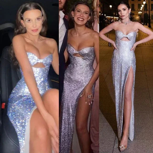 Sparkly Strapless Sequins Prom Dress Slit Sheath Party Evening Gown Y8167