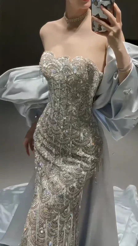 Sparkly Satin Beaded Mermaid Evening Dress Long Prom Dress With Bow Y8330