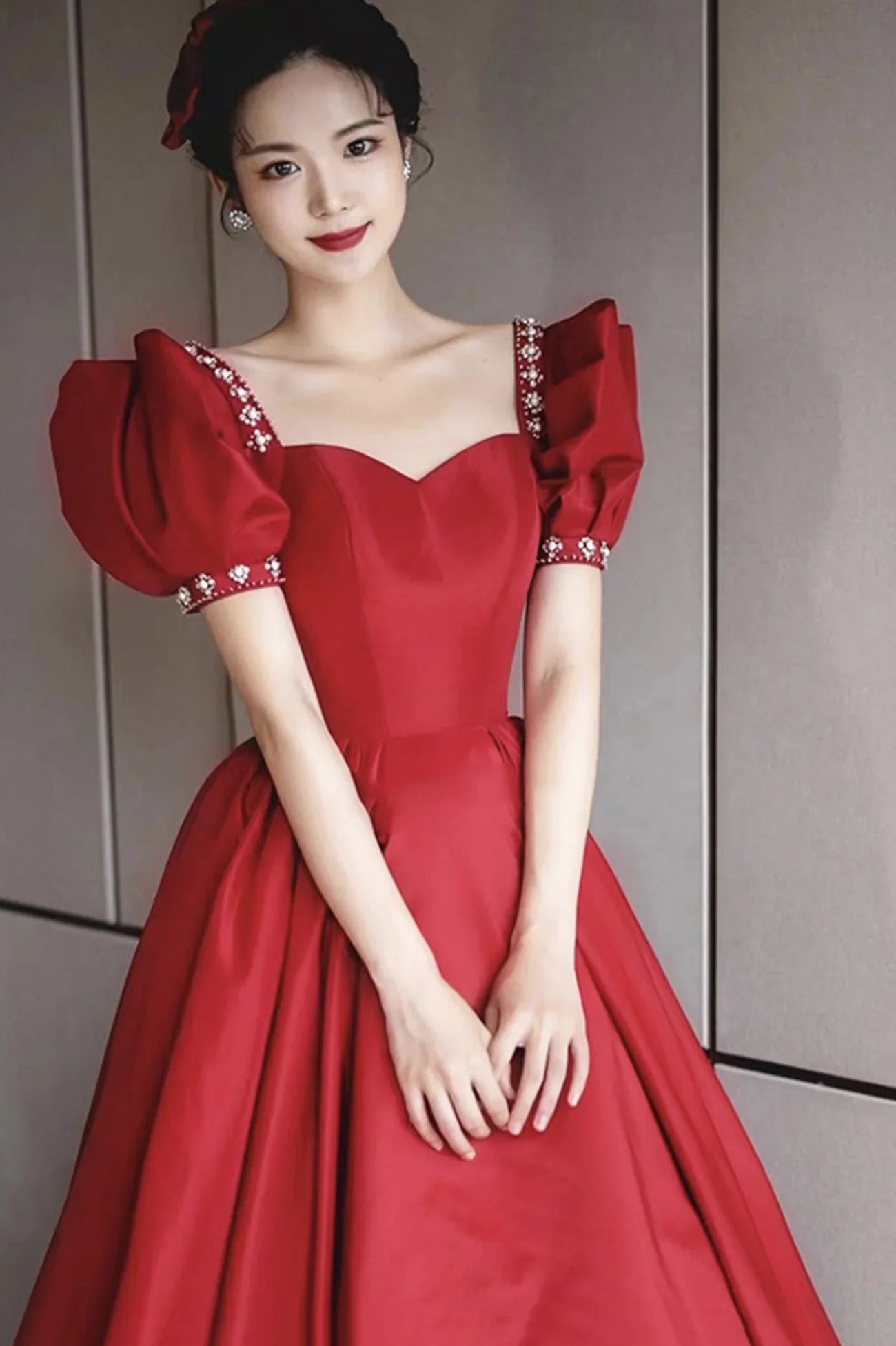 Burgundy satin long prom dress A line evening dress Y1169