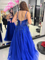 Blue A-line Tulle Appliques Prom Dress Blue Evening Dress Y6450