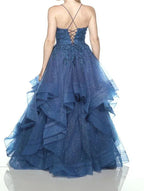 Shiny Blue V-neck Tulle Appliques Sequins Long Prom Dress Spaghetti Strap Evening Dress Y8051