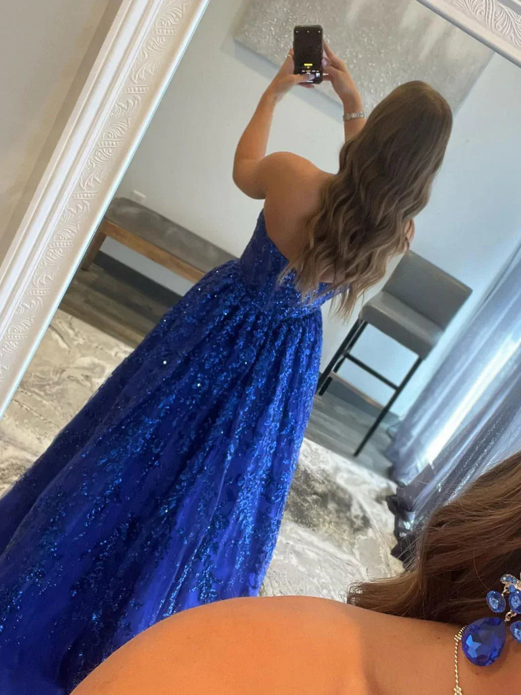 Blue A line tulle sequin long prom dress, blue tulle evening dress Y249