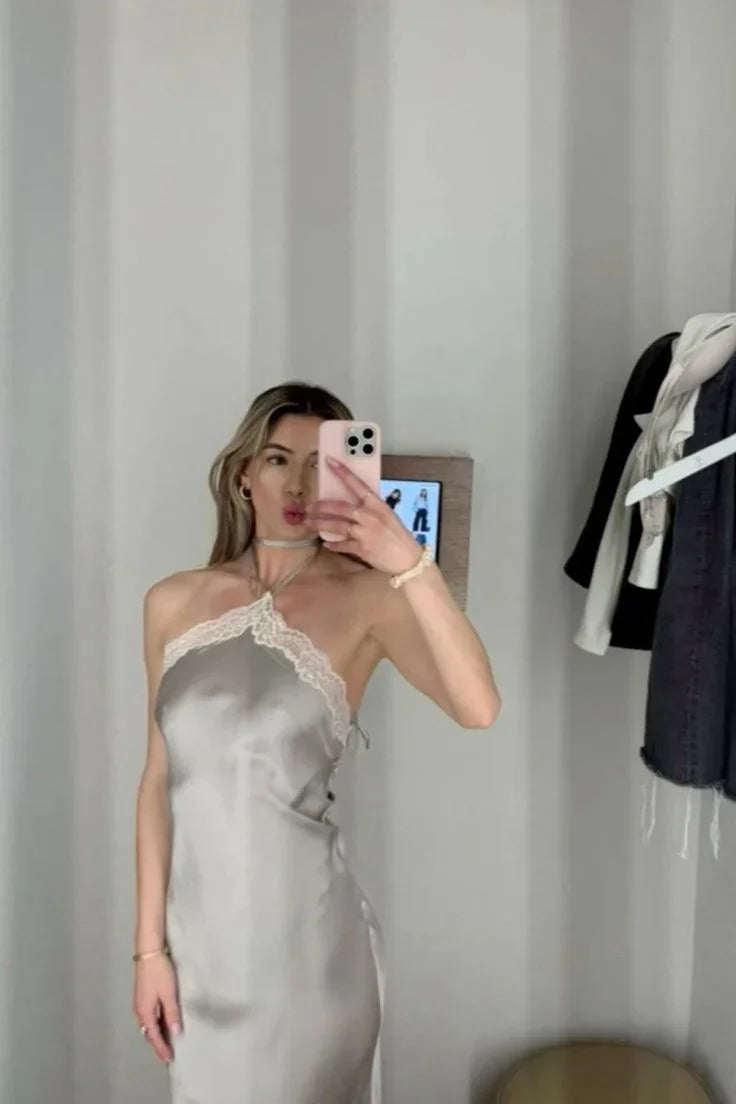 Sexy Halter Satin Lace Party Evening Dress Y8169