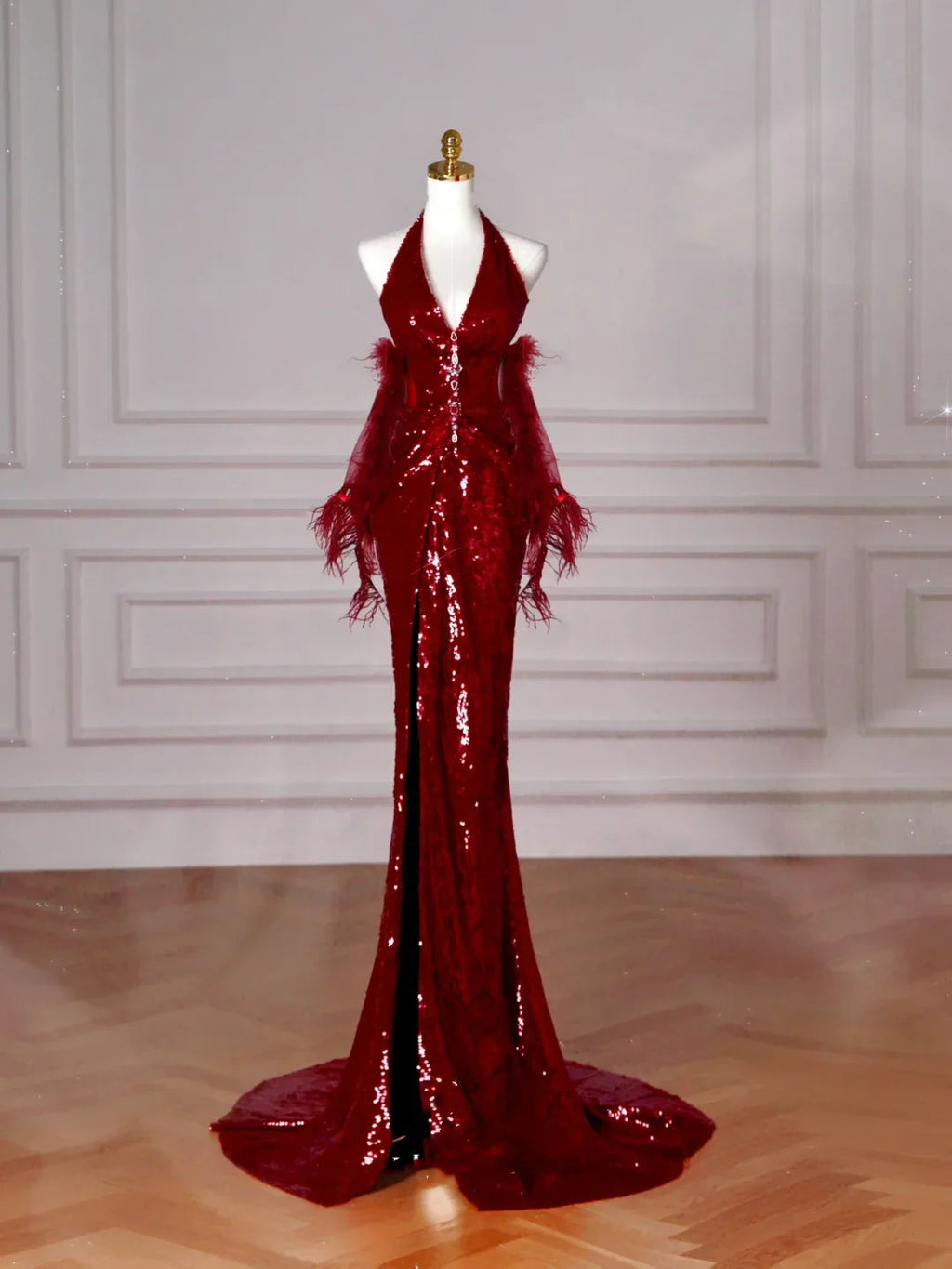 Sexy Burgundy Sequins Halter V Neck Evening Dress Backless Mermaid Evening Dress Y8628