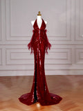 Sexy Burgundy Sequins Halter V Neck Evening Dress Backless Mermaid Evening Dress Y8628