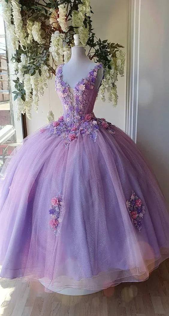 Princess Tulle Long Prom Dress with Flower,Ball Gowns Quinceanera Dresses Y4372