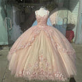 Pink Sparkly Quinceanera Prom Dresses Lace Flower Sweet 16 Tulle Party Ball Gown Y57