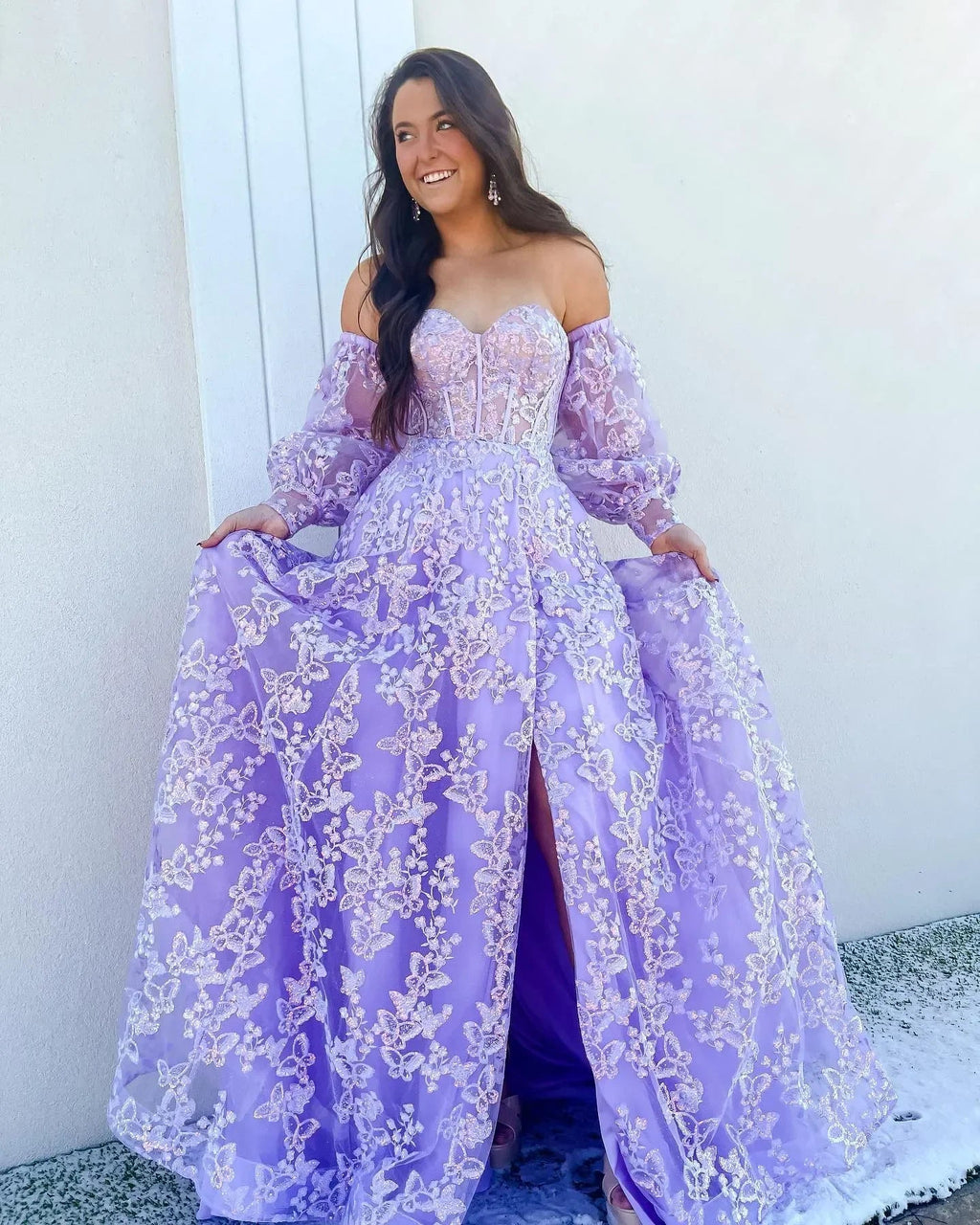 Sparkle Princess Bustier Puff Sleeve Lace Long Prom Dress Detachable Sleeves Evening Dress  Y1805
