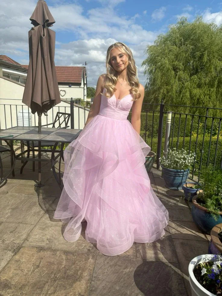 Shiny Pink Tulle Tiered A Line Prom Dress Straps Evening Gown Y7932