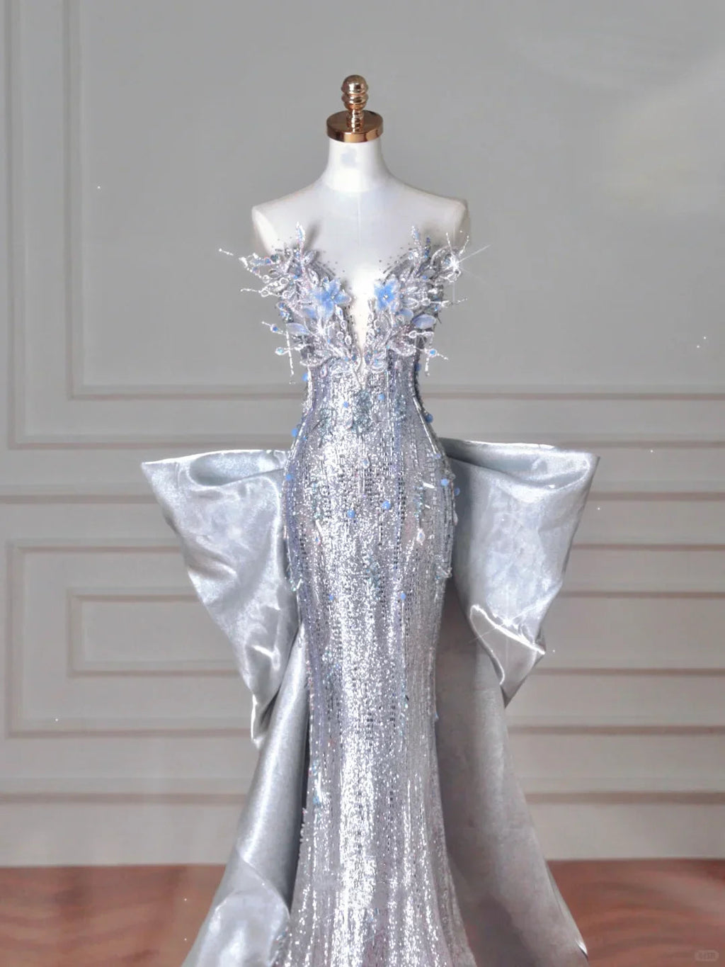 Luxury Silver Sequin 3D Beaded Mermaid Evening Dress Long Prom Dress With Bow Y8640