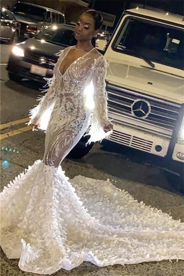 Long Sleeves Sexy Sequins V-Neck Mermaid Prom Dress with Applique