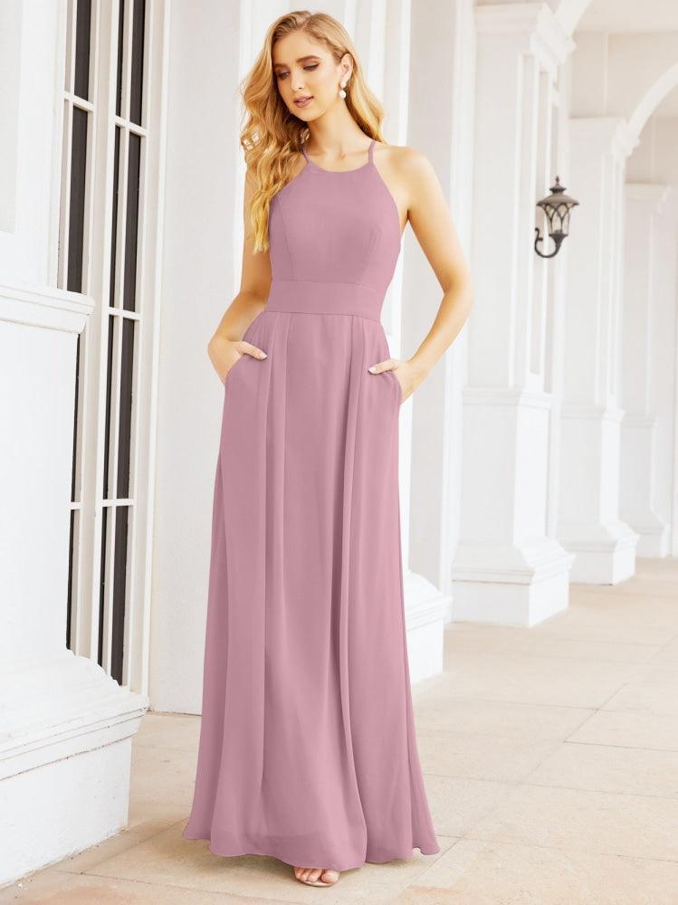 Halter Bridesmaid Dresses with Pockets Sleeveless Formal Evening Party Prom Gowns  28055