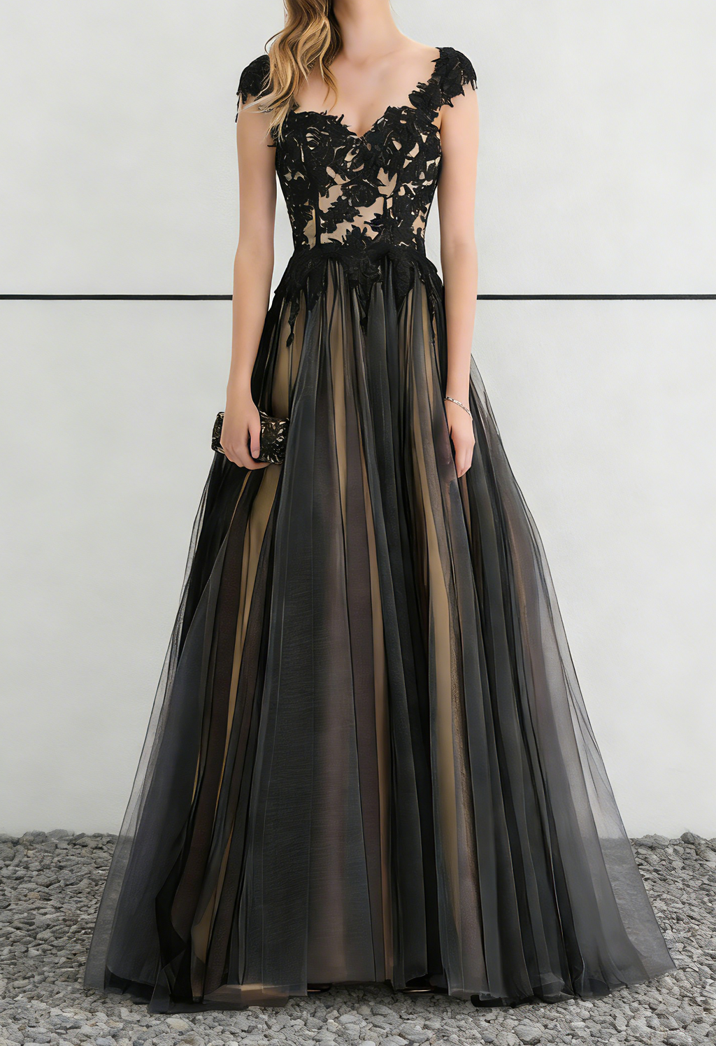 Black Lace & Champagne Tulle Ball Gown Maxi Dress with Open Back