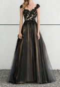 Black Lace & Champagne Tulle Ball Gown Maxi Dress with Open Back