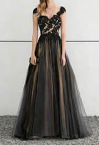 Black Lace & Champagne Tulle Ball Gown Maxi Dress with Open Back