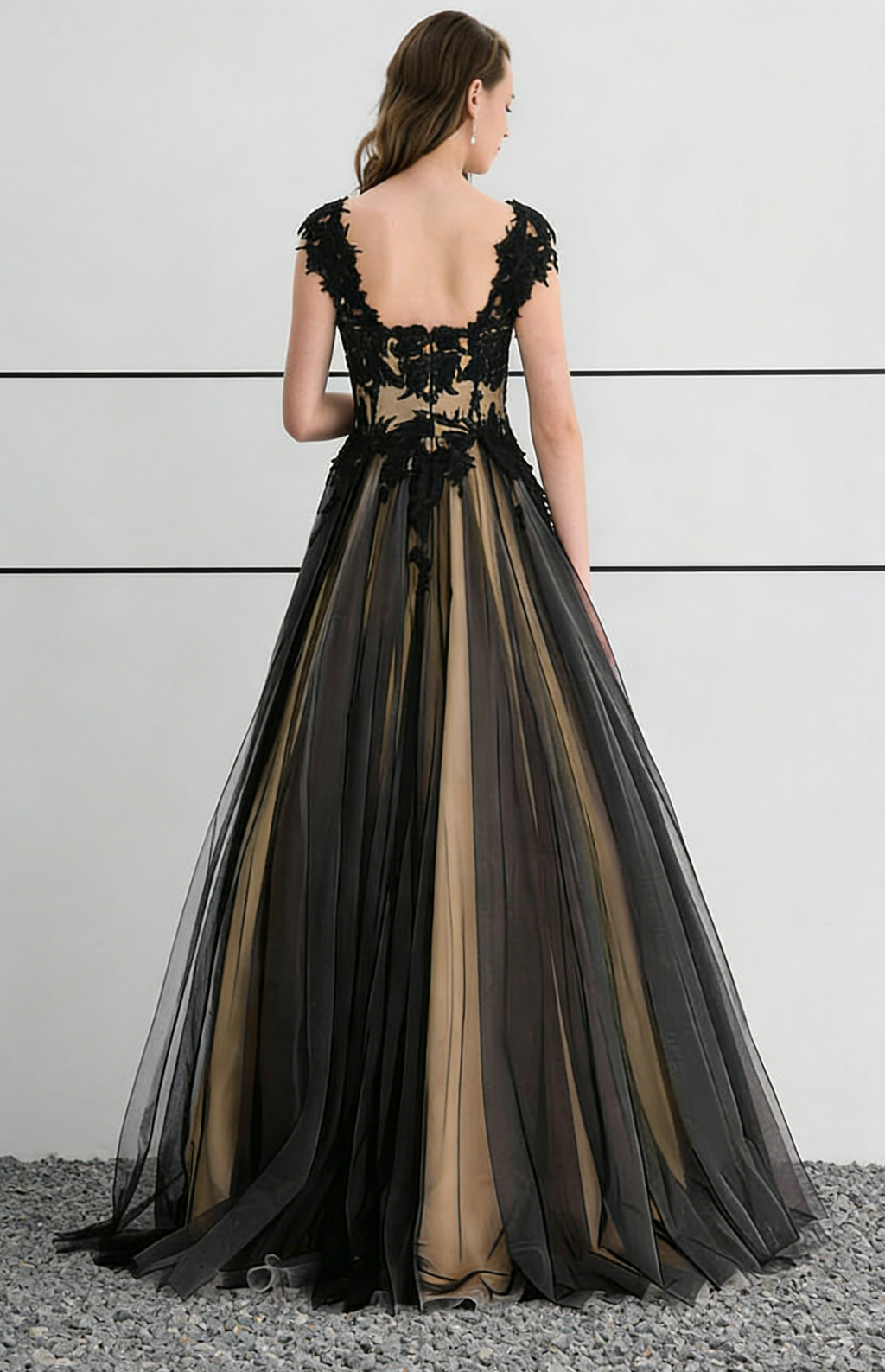 Black Lace & Champagne Tulle Ball Gown Maxi Dress with Open Back