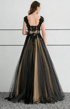 Black Lace & Champagne Tulle Ball Gown Maxi Dress with Open Back