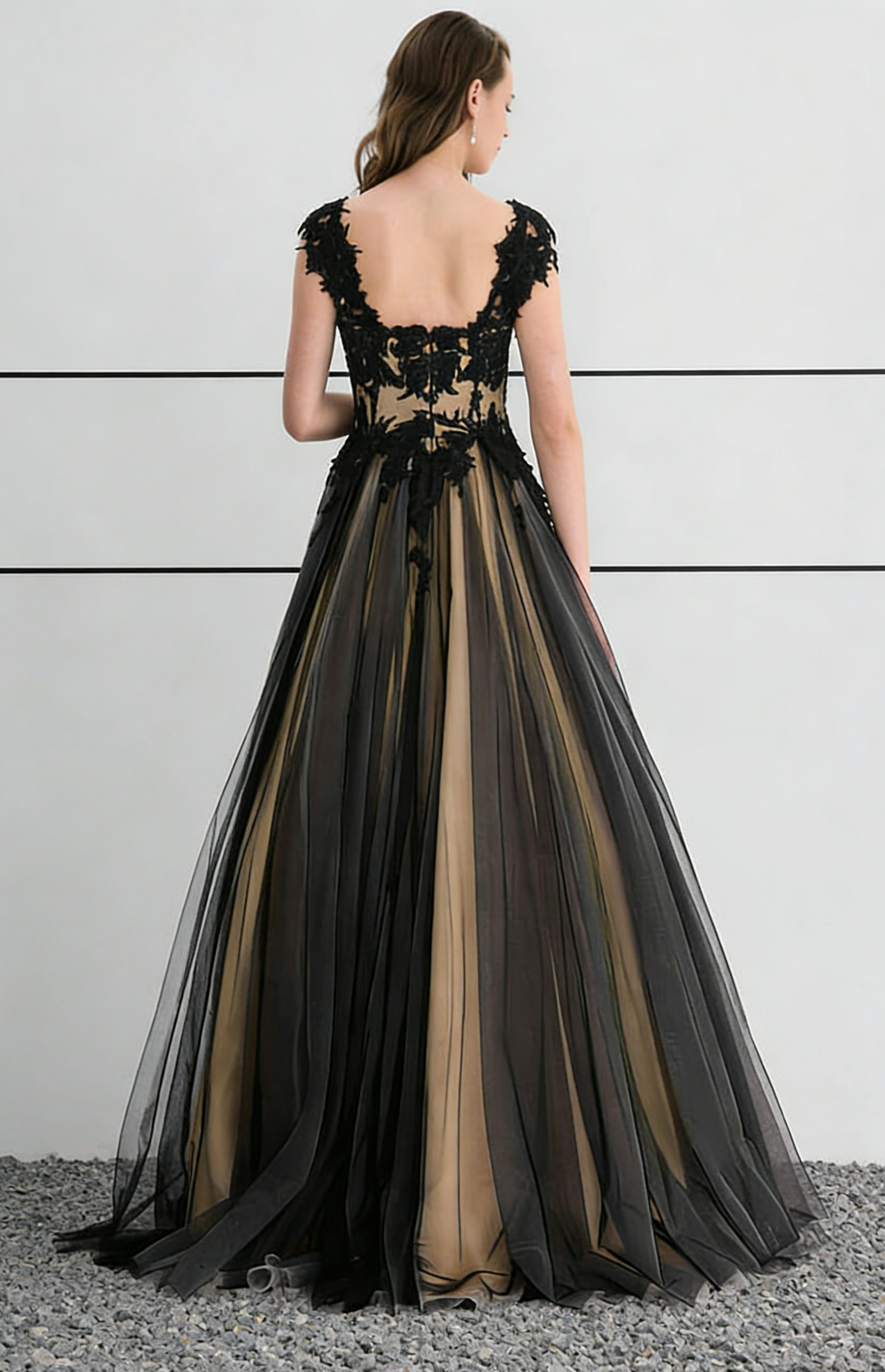 Black Lace & Champagne Tulle Ball Gown Maxi Dress with Open Back
