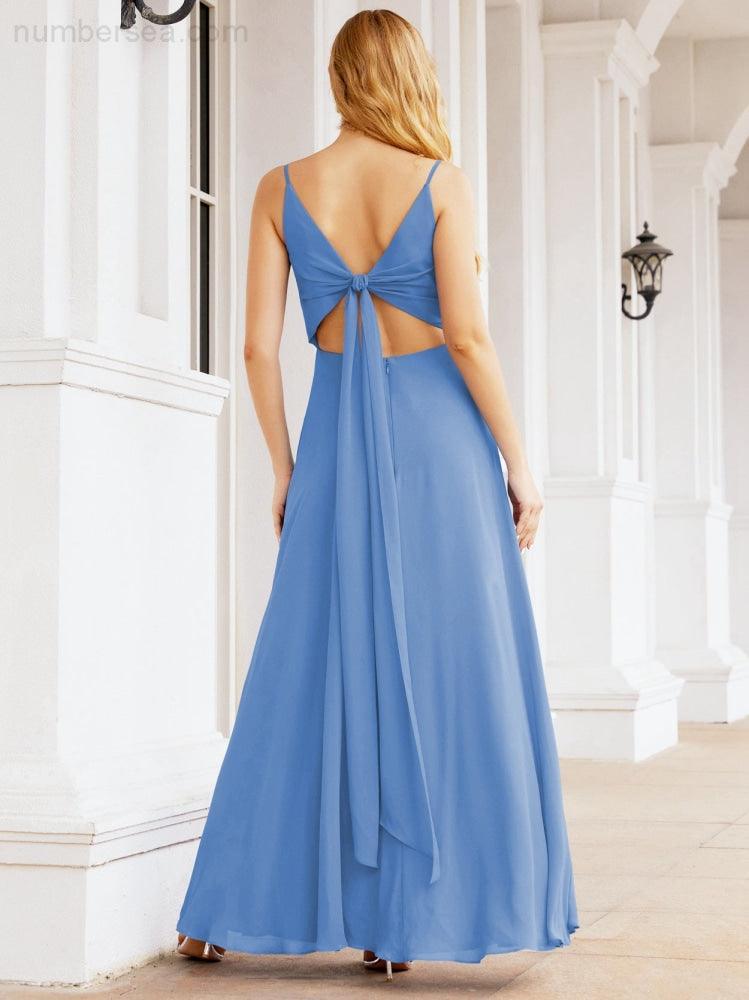 Spaghetti Strap Bridesmaid Dresses V Neck Butterfly Back Fromal Evening Party Prom Gown 28036