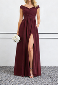 Burgundy Off-the-Shoulder Chiffon Maxi Dress with Ruched Bodice & High Slit