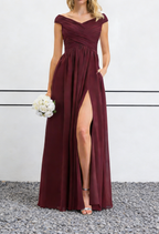 Burgundy Off-the-Shoulder Chiffon Maxi Dress with Ruched Bodice & High Slit