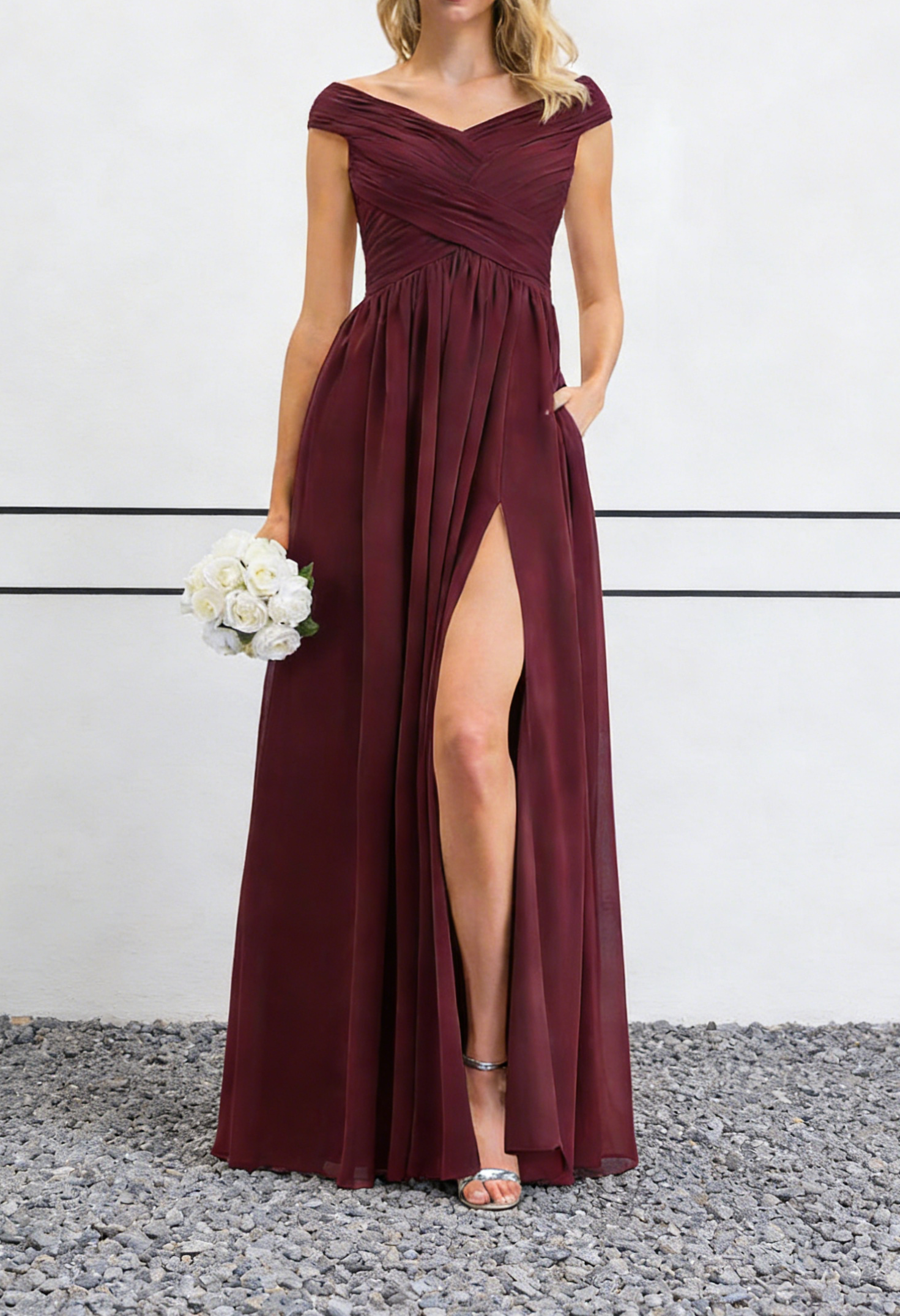 Burgundy Off-the-Shoulder Chiffon Maxi Dress with Ruched Bodice & High Slit